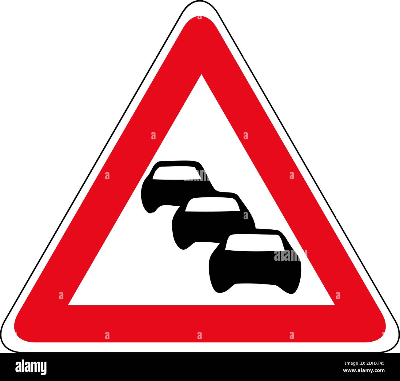 Road sign. Caution traffic column . Traffic jam, vector icon. Car column in red triangular frame. Group of black silhouette of cars Stock Vector
