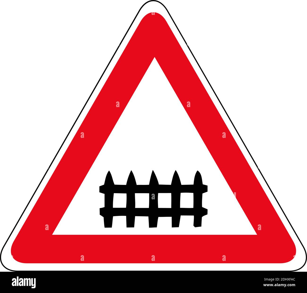 isolated rail road crossing sign with a gate or barrier ahead on white and red stork line round triangle vector design Stock Vector