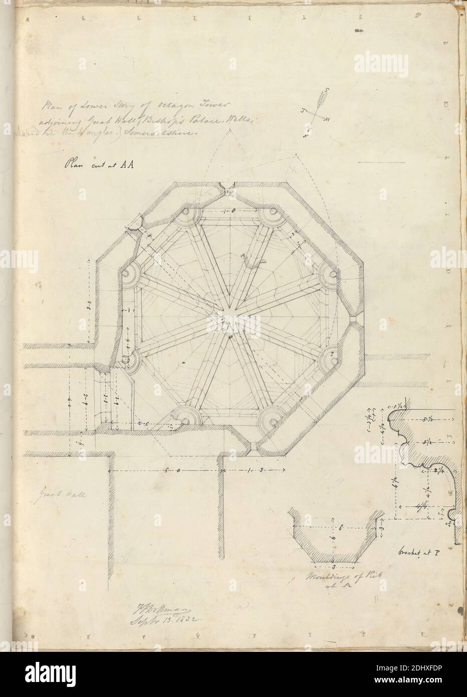 Bishop's Palace, Wells, Somerset: Lower Floor Plan of Octagon Tower, unknown artist, (FT Dollman), studio of Augustus Charles Pugin, 1762–1832, French, formerly Augustus Welby Northmore Pugin, 1812–1852, British, 1832, Pen and black ink with graphite on medium, slightly textured, cream wove paper, Sheet: 14 7/8 x 10 1/2 inches (37.8 x 26.7 cm), architectural subject, Gothic (Medieval), moulding, octagonal, palace, plans (drawings), sections, Wells Stock Photo