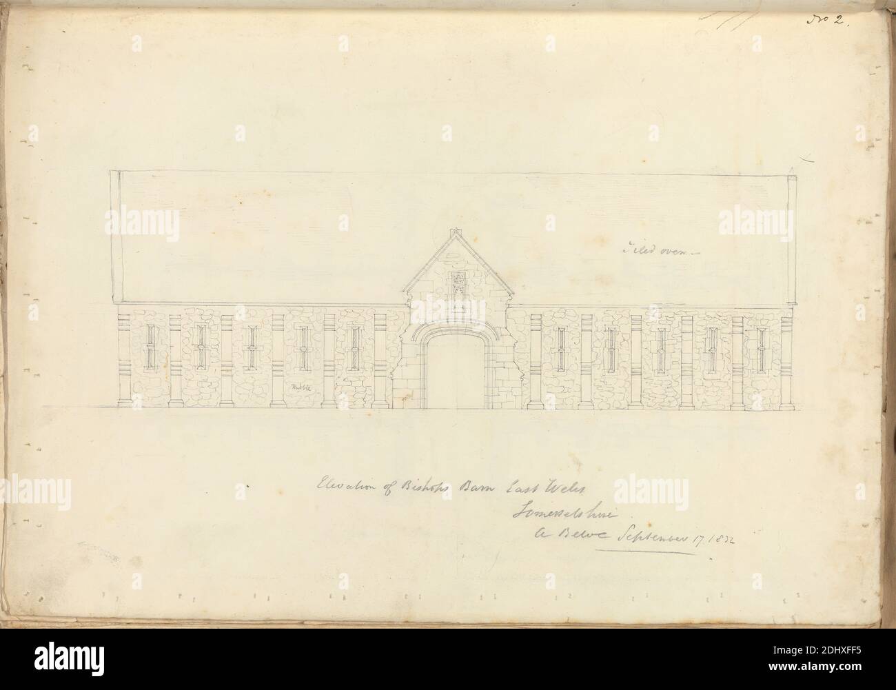 Bishop's Palace, Wells, Somerset: Elevation of Barn, unknown artist, (A Beloe), Studio of Augustus Charles Pugin, 1762–1832, French, formerly Augustus Welby Northmore Pugin, 1812–1852, British, 1832, Graphite on medium, slightly textured, cream wove paper, Sheet: 10 3/4 x 15 inches (27.3 x 38.1 cm), architectural subject, barns, elevations (drawings), Gothic (Medieval), tile, Wells Stock Photo