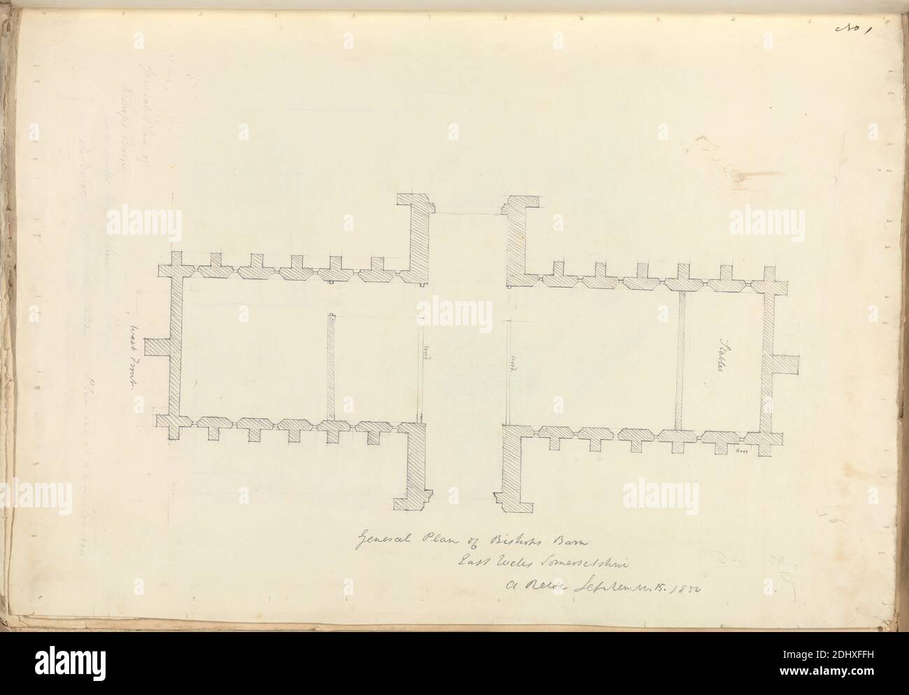 Bishop's Palace, Wells, Somerset: General Plan of Barn, unknown artist, (A Beloe), Studio of Augustus Charles Pugin, 1762–1832, French, formerly Augustus Welby Northmore Pugin, 1812–1852, British, 1832, Graphite on moderately thick, slightly textured, cream wove paper, Sheet: 10 9/16 x 15 1/16 inches (26.8 x 38.3 cm), architectural subject, barns, Gothic (Medieval), plans (drawings), wood, Wells Stock Photo