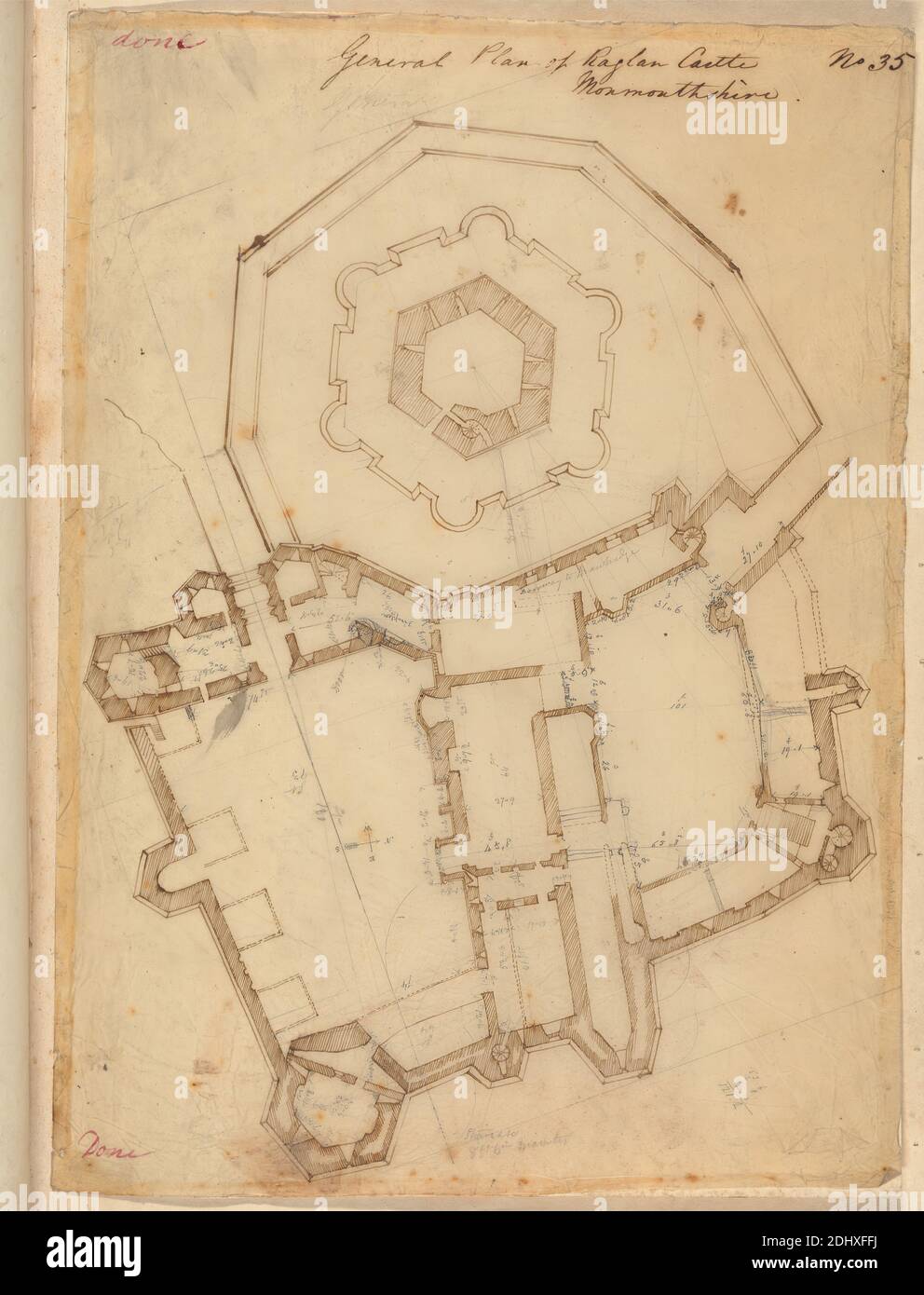 Raglan Castle, Monmouthshire, Wales: Ground Plan, Augustus Welby Northmore Pugin, 1812–1852, British, Studio of Augustus Charles Pugin, 1762–1832, French, undated, Graphite and pen and brown ink on thin, smooth, cream tracing paper, Sheet: 13 1/4 x 9 3/4 inches (33.7 x 24.8 cm), architectural subject, castle, fort, Gothic (Medieval), plans (drawings), turrets (towers), walls, Monmouthshire, Raglan Castle Stock Photo