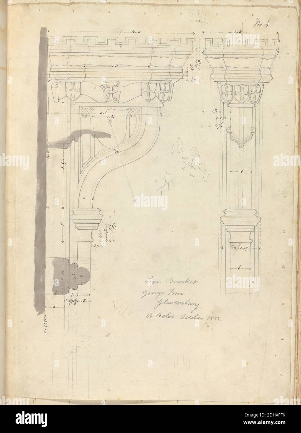 George Inn, Glastonbury, Somerset: Sign Bracket, unknown artist, (A Beloe), Studio of Augustus Charles Pugin, 1762–1832, French, formerly Augustus Welby Northmore Pugin, 1812–1852, British, 1832, Graphite and pen and black ink with gray wash on moderately thick, slightly textured, cream wove paper, Sheet: 14 3/8 x 10 9/16 inches (36.5 x 26.8 cm), architectural subject, brackets (structural elements), designs, Gothic (Medieval), inns, signs, Glastonbury Stock Photo