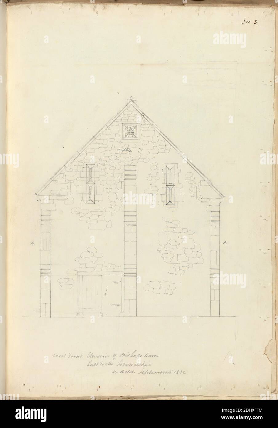 Bishop's Palace, Wells, Somerset: West Front Elevation of Barn, unknown artist, (A Beloe), Studio of Augustus Charles Pugin, 1762–1832, French, formerly Augustus Welby Northmore Pugin, 1812–1852, British, 1832, Graphite on moderately thick, slightly textured, cream wove paper, Sheet: 15 x 10 3/8 inches (38.1 x 26.4 cm), architectural subject, barns, elevations (drawings), front elevations, Gothic (Medieval), quatrefoils, rubble, Wells Stock Photo