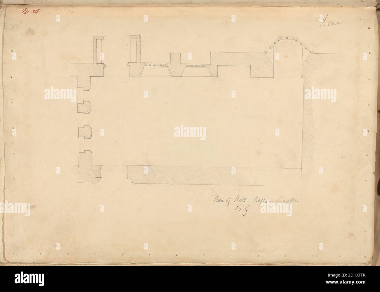 Raglan Castle, Monmouthshire, Wales: Plan of Hall, unknown artist, (B Green), Studio of Augustus Charles Pugin, 1762–1832, French, formerly Augustus Welby Northmore Pugin, 1812–1852, British, undated, Graphite on medium, smooth, cream wove paper, Sheet: 10 3/4 x 15 1/16 inches (27.3 x 38.3 cm), architectural subject, Gothic (Medieval), halls, plans (drawings), Monmouthshire, Raglan Castle Stock Photo