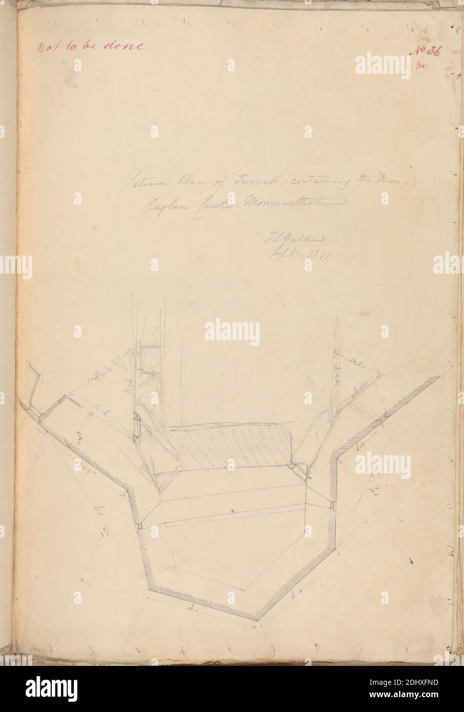 Raglan Castle, Monmouthshire, Wales: Plan of Turret, unknown artist, (TL Walker), Studio of Augustus Charles Pugin, 1762–1832, French, formerly Augustus Welby Northmore Pugin, 1812–1852, British, 1831, Graphite and pen and pink ink on moderately thick, smooth, cream wove paper, Sheet: 15 1/8 x 10 5/8 inches (38.4 x 27 cm), architectural subject, castle, drains, exterior, Gothic (Medieval), plans (drawings), turrets (towers), Monmouthshire, Raglan Castle Stock Photo