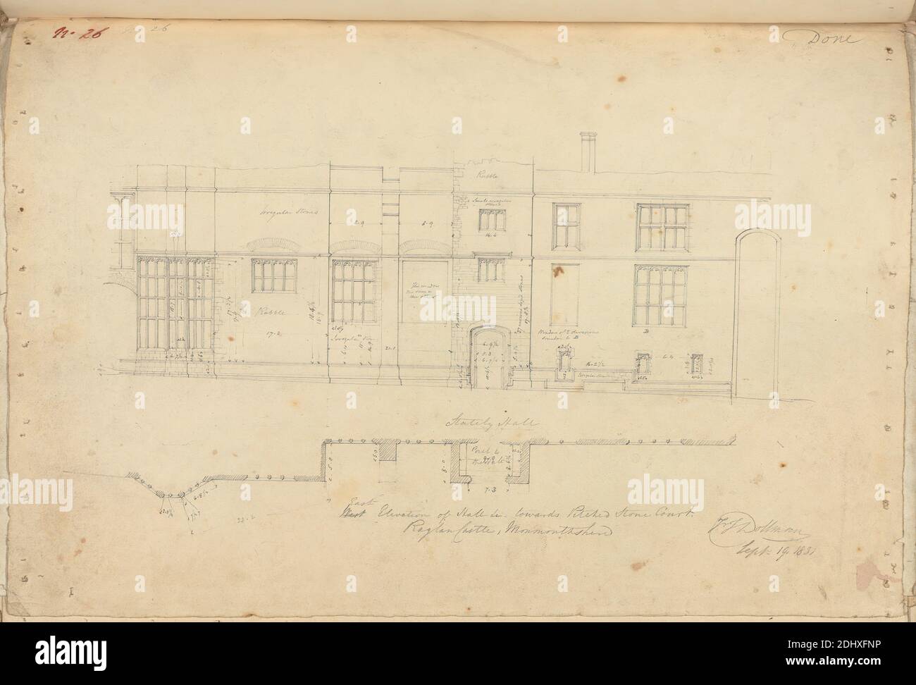 Raglan Castle, Monmouthshire, Wales: East Elevation of Hall, unknown artist, (FT Dollman), Studio of Augustus Charles Pugin, 1762–1832, French, formerly Augustus Welby Northmore Pugin, 1812–1852, British, 1831, Graphite on moderately thick, smooth, cream wove paper, Sheet: 10 3/8 x 14 15/16 inches (26.4 x 37.9 cm), architectural subject, castle, elevations (drawings), Gothic (Medieval), halls, plans (drawings), Monmouthshire, Raglan Castle Stock Photo