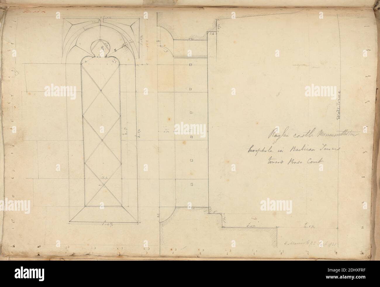 Raglan Castle, Monmouthshire, Wales: Elevation of Windows in the Barbican Towers, unknown artist, (C Marriott), Studio of Augustus Charles Pugin, 1762–1832, French, formerly Augustus Welby Northmore Pugin, 1812–1852, British, 1831, Graphite and pen and red ink on medium, slightly textured, cream wove paper, Sheet: 11 x 15 1/8 inches (27.9 x 38.4 cm), architectural subject, castle, courts (courtyards), Gothic (Medieval), loopholes, plans (drawings), tower (building division), windows, Monmouthshire, Raglan Castle Stock Photo