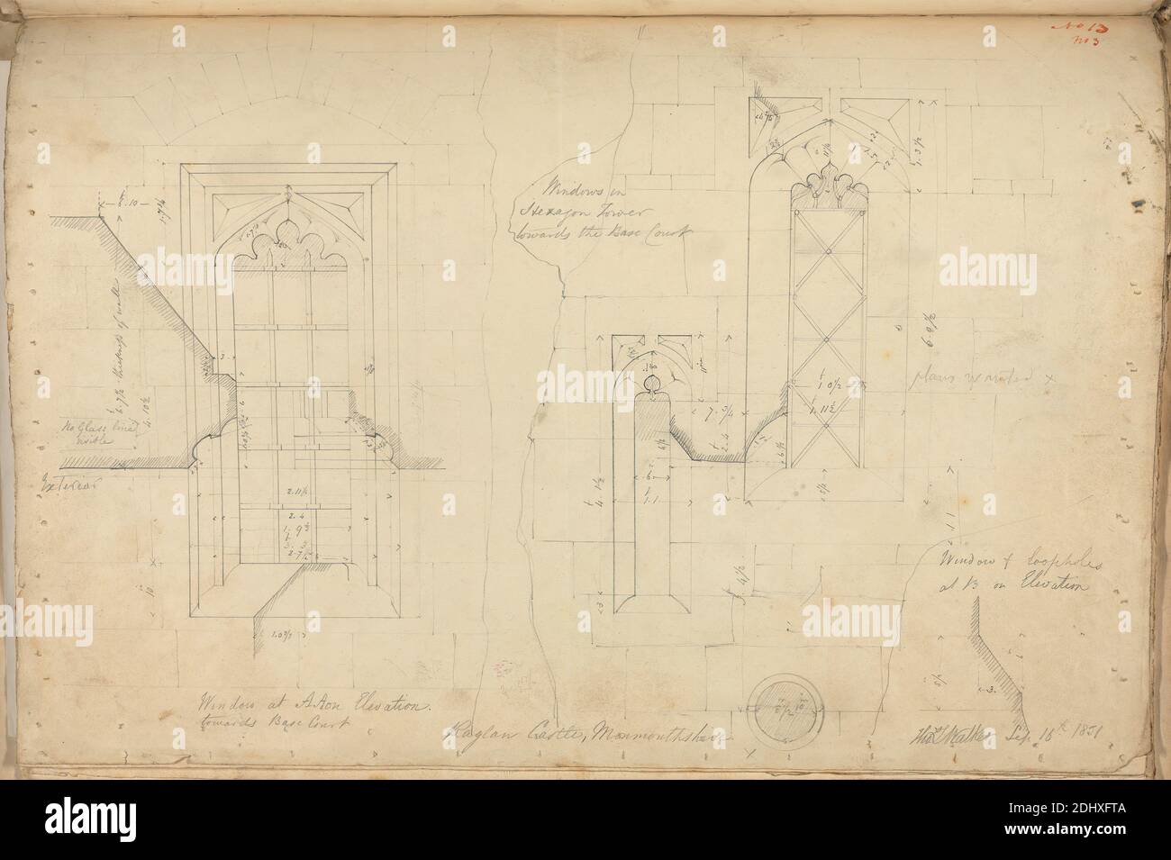 Raglan Castle, Monmouthshire, Wales: Elevations of Windows, unknown artist, (TL Walker), Studio of Augustus Charles Pugin, 1762–1832, French, formerly Augustus Welby Northmore Pugin, 1812–1852, British, 1831, Graphite on medium, slightly textured, cream wove paper, Sheet: 10 5/8 x 15 inches (27 x 38.1 cm), architectural subject, castle, courtyards, elevations (drawings), exterior, Gothic (Medieval), hexagon, loopholes, plans (drawings), sections, tower (building division), windows, Monmouthshire, Raglan Castle Stock Photo