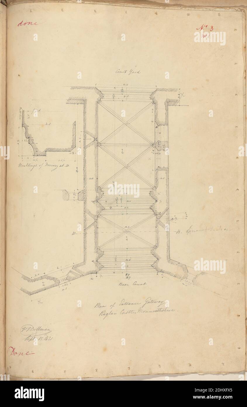 Raglan Castle, Monmouthshire, Wales: Plan of Entrance Gateway, unknown artist, (FT Dollman), Studio of Augustus Charles Pugin, 1762–1832, French, formerly Augustus Welby Northmore Pugin, 1812–1852, British, 1831, Graphite on moderately thick, smooth, cream wove paper, Sheet: 14 3/4 x 10 3/4 inches (37.5 x 27.3 cm), architectural subject, castle, courtyards, gateways, Gothic (Medieval), moulding, plans (drawings), sections, Monmouthshire, Raglan Castle Stock Photo