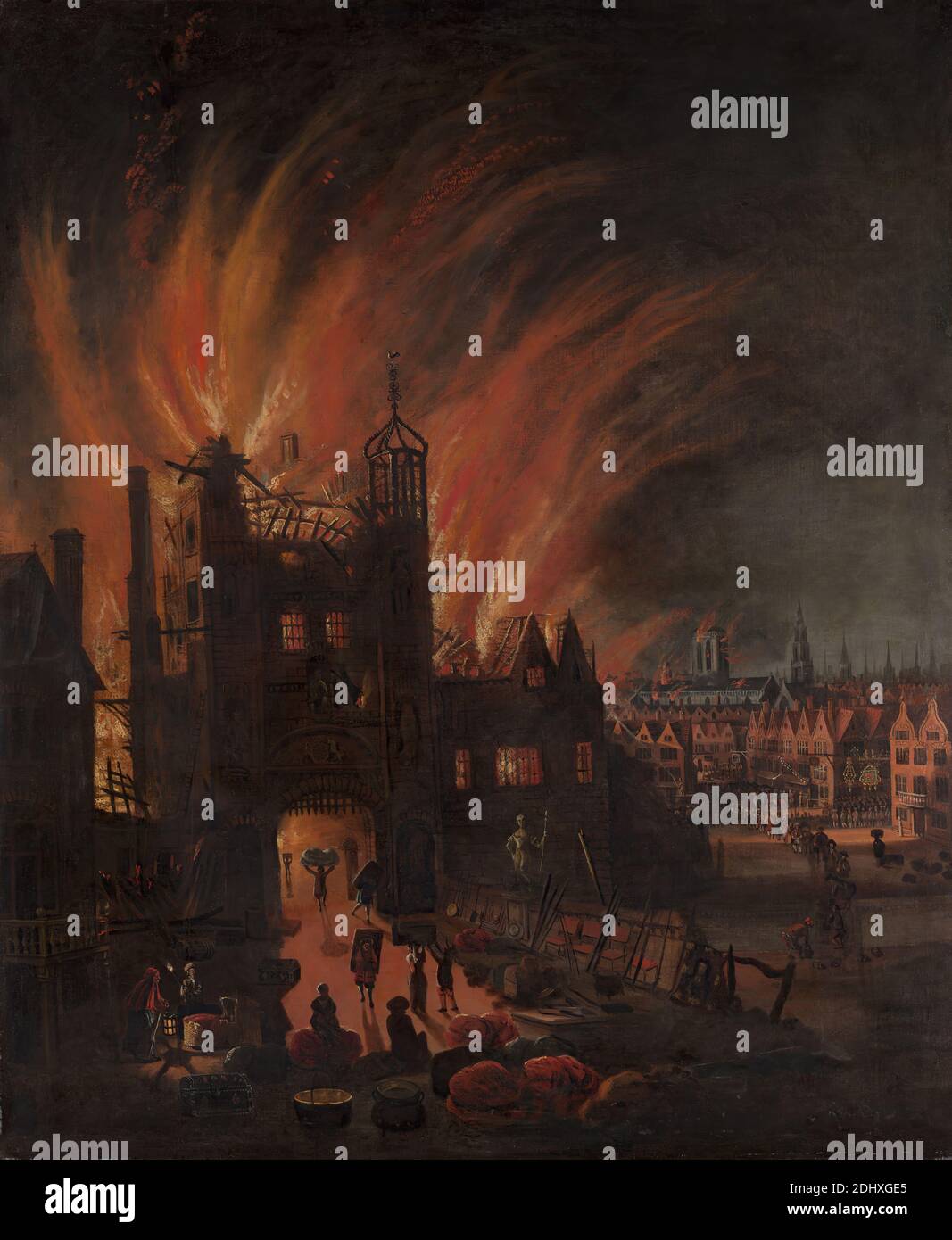 The Great Fire of London, with Ludgate and Old St. Paul's, Unknown artist, seventeenth century, ca. 1670, Oil on canvas, Support (PTG): 53 x 43 5/8 inches (134.6 x 110.8 cm), buildings, church, city, cityscape, correctional institution, fire, flames, historical subject, people, portcullis, prison, river, smoke, England, Europe, London, Ludgate, St. Paul's Cathedral, Thames, United Kingdom Stock Photo