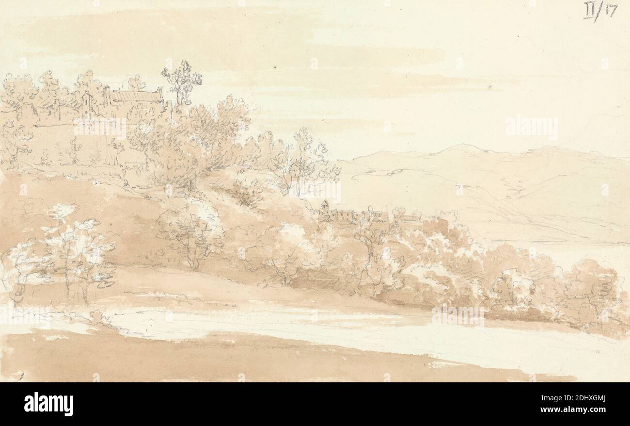 On the Coast Near Messina, Sir Robert Smirke the younger, 1781–1867, British, 1802-1804, Brown wash and graphite on moderately thick, moderately textured, beige, wove paper, Sheet: 4 11/16 × 7 5/8 inches (11.9 × 19.4 cm Stock Photo