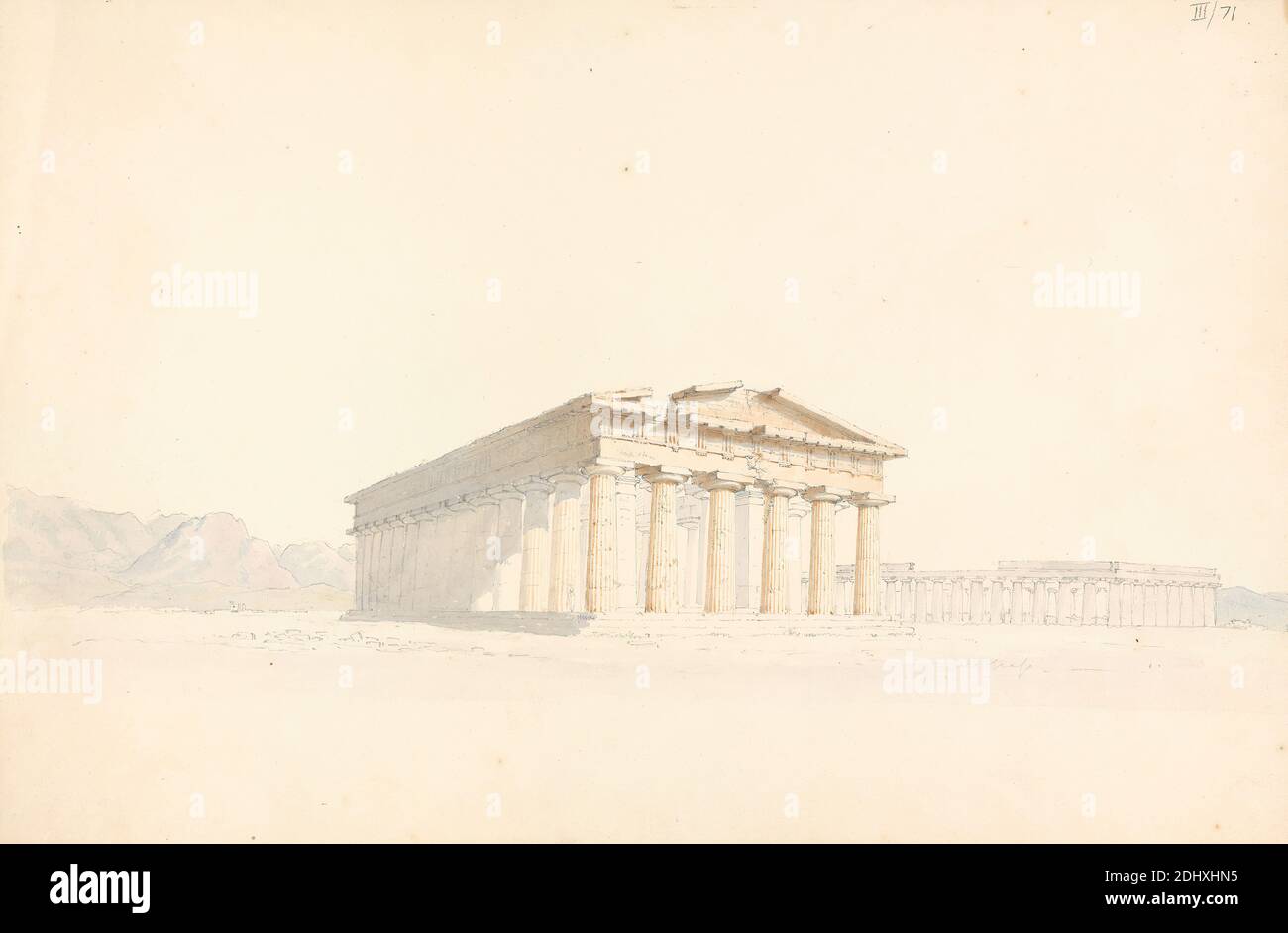 Second Temple of Hera, in the Foreground, First Temple of Hera in the Background, at Paestum, Sir Robert Smirke the younger, 1781–1867, British, 1802-1804, Watercolor, graphite, pen and brown ink on moderately thick, moderately textured, beige, wove paper, Sheet: 10 7/8 × 16 1/2 inches (27.6 × 41.9 cm Stock Photo