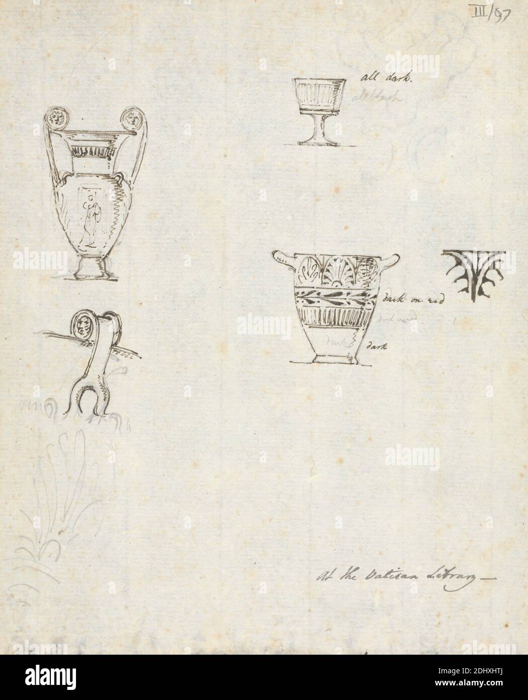 Studies of Drinking and Pouring Vessels, at the Vatican Library, Sir Robert Smirke the younger, 1781–1867, British, 1802-1804, Graphite, pen and black ink on medium, moderately textured, beige, laid paper, Sheet: 8 7/8 × 7 1/8 inches (22.5 × 18.1 cm Stock Photo