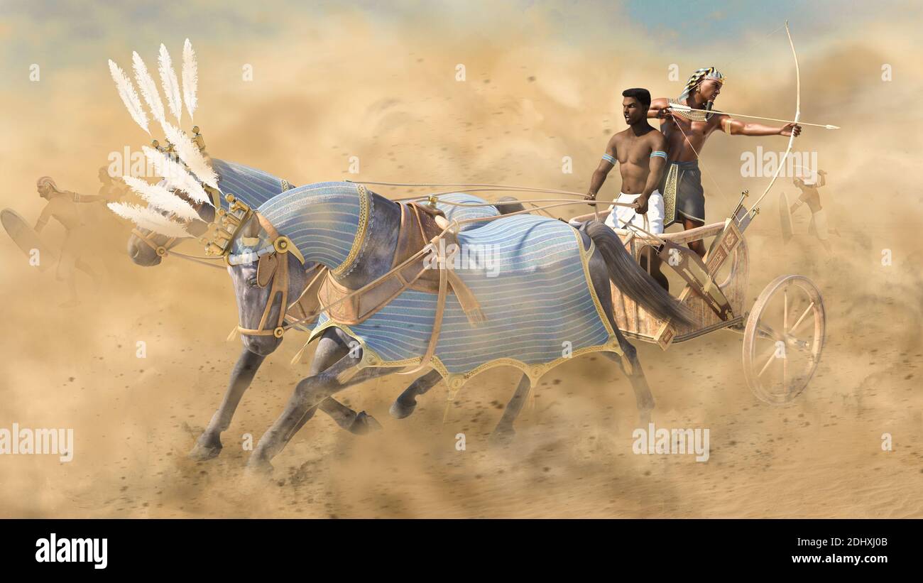 Ancient Egyptian war chariot in battle with archer and driver, 3d render. Stock Photo