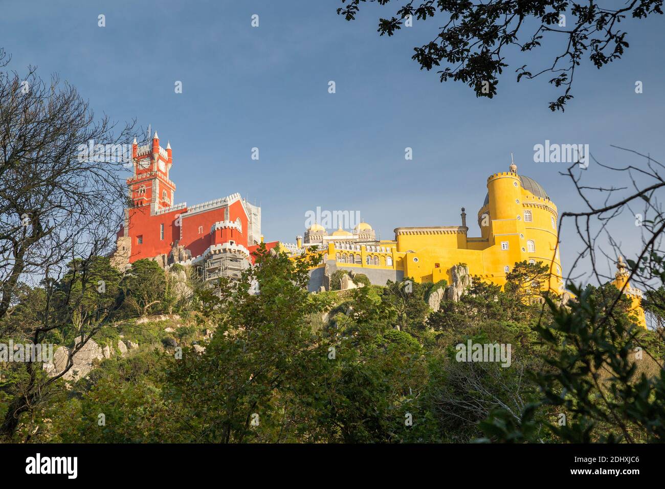 Pena Palace, bright pink and yellow castle in Sintra, Lisbon, Portugal. Stock Photo
