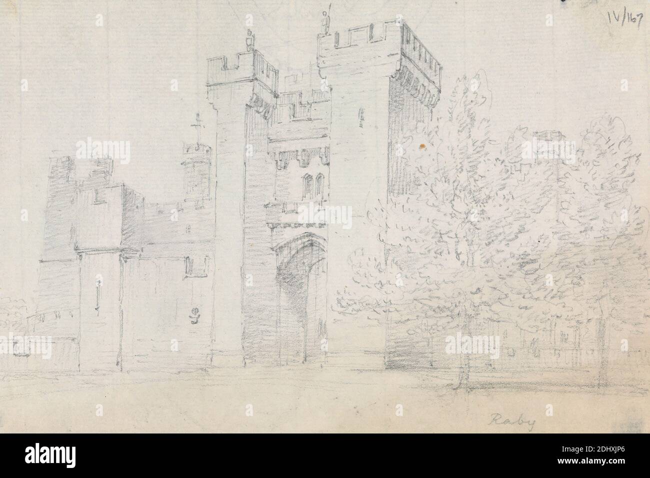 Raby Castle, Sir Robert Smirke the younger, 1781–1867, British, 1802-1804, Graphite on medium, moderately textured, beige, laid paper, Sheet: 5 × 7 1/2 inches (12.7 × 19.1 cm Stock Photo