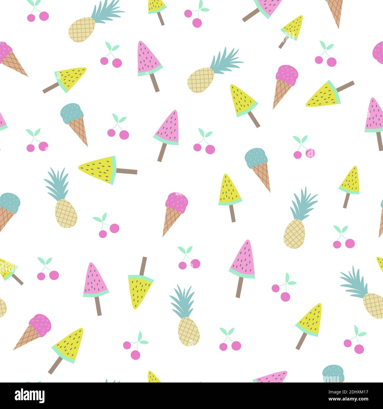 seamless pattern with fruits pineapple cherry and watermelon with ice cream for holidays and print on textile Stock Vector