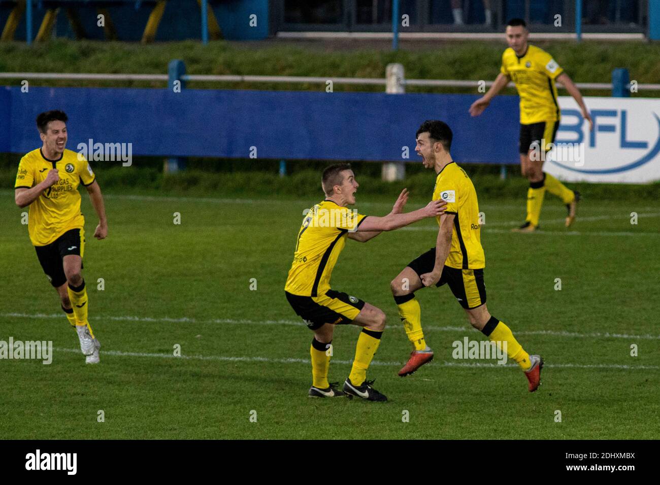 Port Talbot, Wales, UK. 12th Dec, 2020. Josh Bull of Cambrian & Clydach Vale celebrates scoring his sides equalising goal.  Port Talbot Town v Cambria Stock Photo