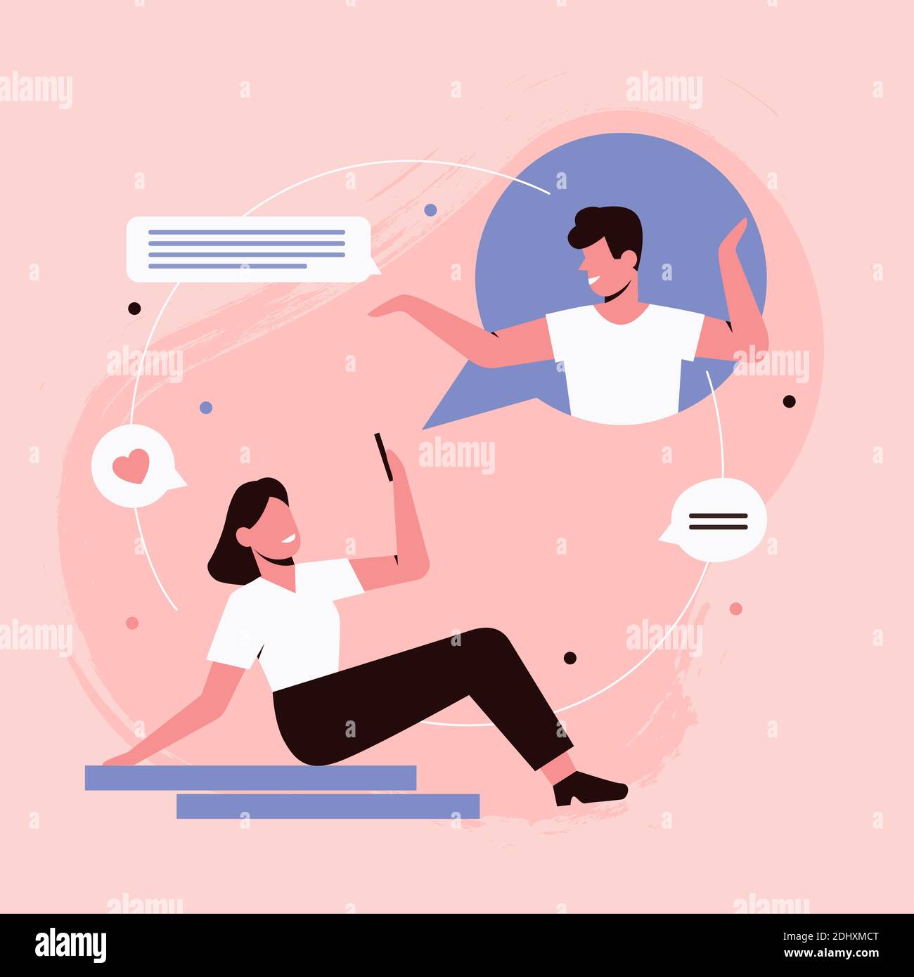 People on date in online chat, internet communication concept vector illustration. Cartoon lover characters chatting in chat bubble, couple communicating, social media virtual conversation background Stock Vector
