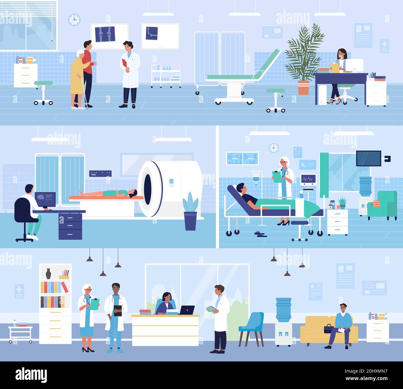 Healthcare medicine hospital service vector illustration set. Cartoon hospitalized patient characters waiting medical checkup consultation, mri scanner research and emergency ambulance help background Stock Vector