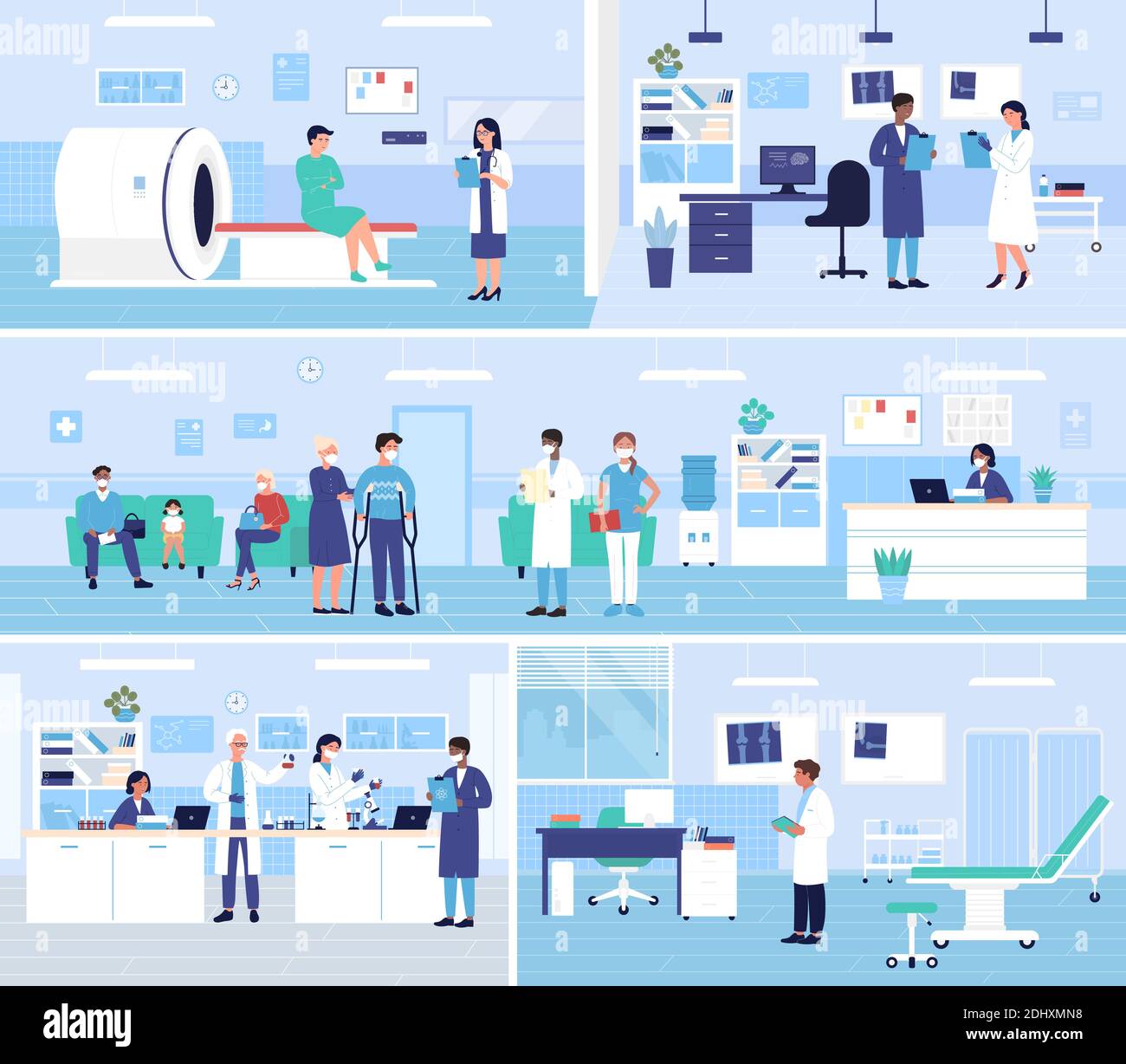 Healthcare medicine service, hospital office departments interior vector illustration set. Cartoon doctors meeting with patient characters,working in medical laboratory, making mri scan background Stock Vector