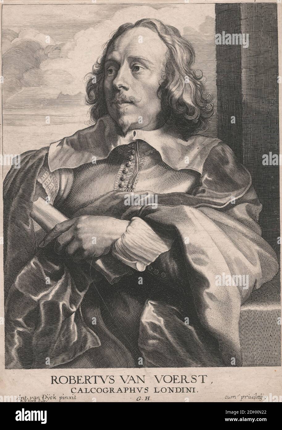 Robertus van Voerst, Calcographus Londini, Robert van Voerst, 1597–1636, Dutch, active in Britain (from 1627), after Sir Anthony Van Dyck, 1599–1641, Flemish, active in Britain (1620–21; 1632–34; 1635–41), ca.1635, Line engraving and stipple engraving (4th state) on medium, slightly textured, browned white, laid paper, mounted on, moderately thick, slightly textured, beige, wove paper, Mount: 11 1/16 × 8 5/16 inches (28.1 × 21.1 cm), Sheet: 9 7/16 × 6 3/4 inches (24 × 17.1 cm), and Image: 8 1/2 × 6 1/2 inches (21.6 × 16.5 cm Stock Photo