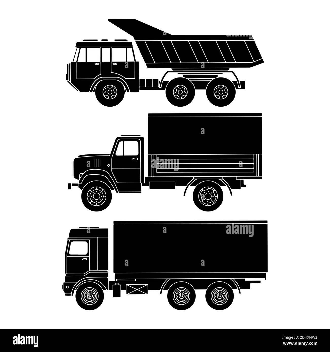 Truck side view set. Simple black icon Stock Vector