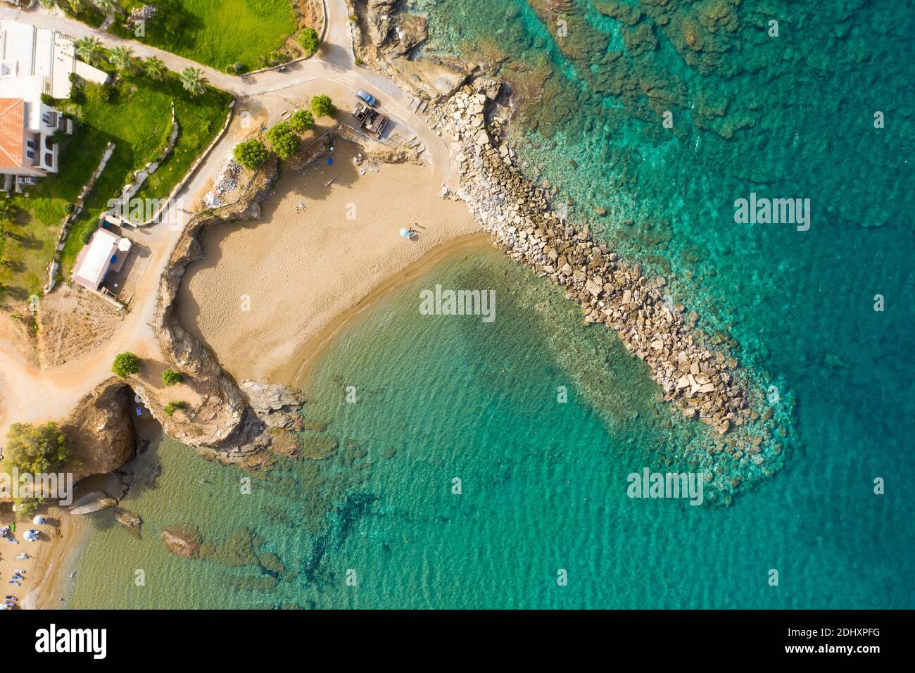 Top-down aerial view of Paralia Panormos beach in Panormas, Rethymno, Crete, Greece Stock Photo