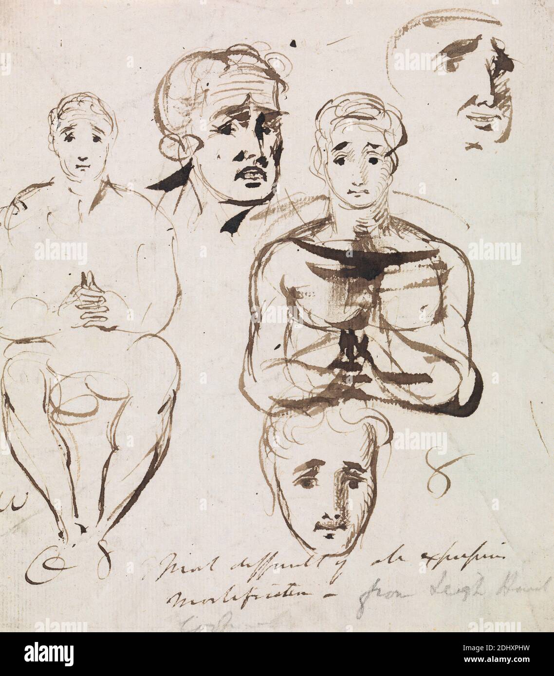 Study of Facial Expressions, Benjamin Robert Haydon, 1786–1846, British, undated, Pen and brown ink on medium, slightly textured, blued white, laid paper, Sheet: 7 5/8 × 6 3/4 inches (19.4 × 17.1 cm), portrait Stock Photo