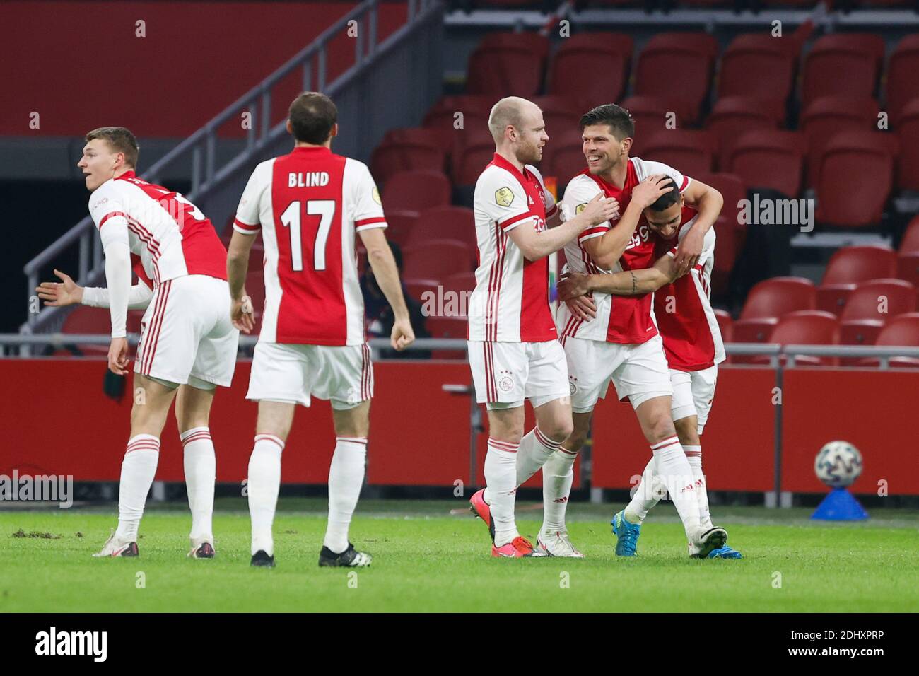 Amsterdam, Netherlands. 12th Dec, 2020. AMSTERDAM, 12-12-2020, Johan Cruijff Arena, Dutch football, Eredivisie, season 2020/2021. Ajax players celebrate the 1-0 during the match Ajax vs PEC Zwolle Credit: Pro Shots/Alamy Live News Stock Photo