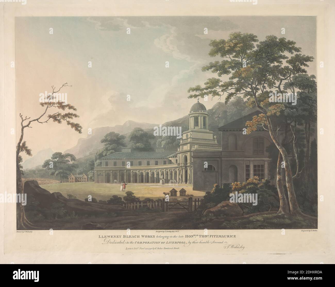 Lleweney Bleach Works, Thomas Malton, 1726–1801, British, after Thomas Walmsley, 1763–1806, Irish, 1798, Hand-colored aquatint on moderately thick, slightly textured, cream, wove paper, Sheet: 20 5/8 × 25 7/8 inches (52.4 × 65.7 cm), Plate: 19 1/8 × 24 7/8 inches (48.6 × 63.2 cm), and Image: 16 1/4 × 22 15/16 inches (41.3 × 58.3 cm Stock Photo