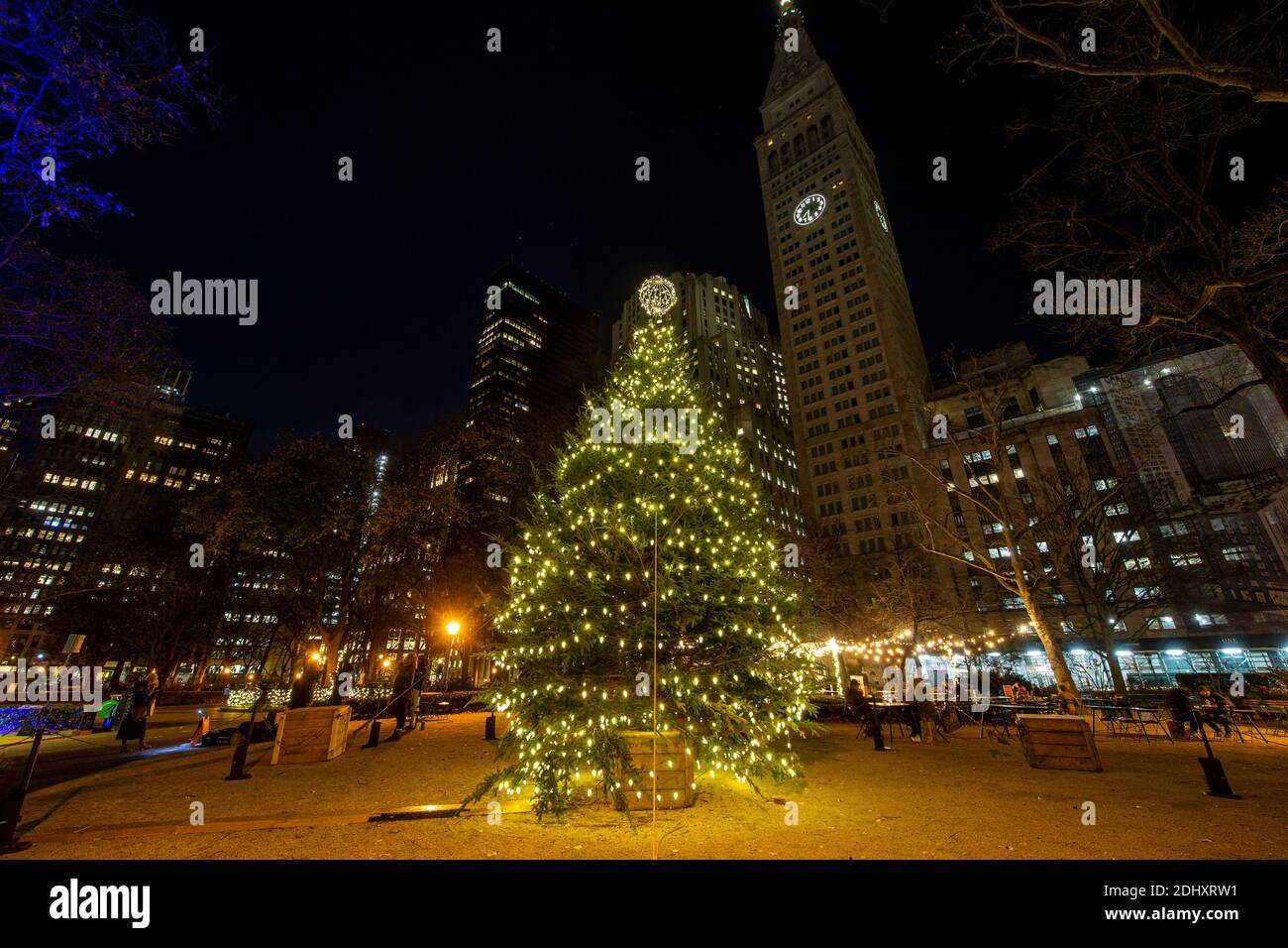 The Christmas tree in Madison Square Park with the MetLife Building in