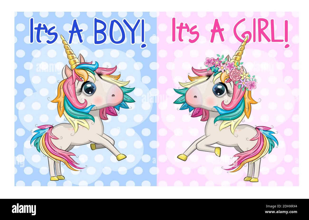 Baby Shower Greeting Card with cute Cartoon Unicorn girl and boy Stock ...
