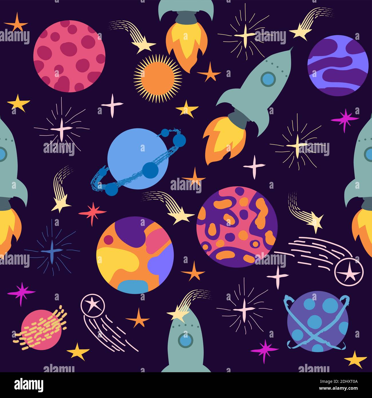 Seamless space pattern. Planets, rockets and stars. Cartoon spaceship ...