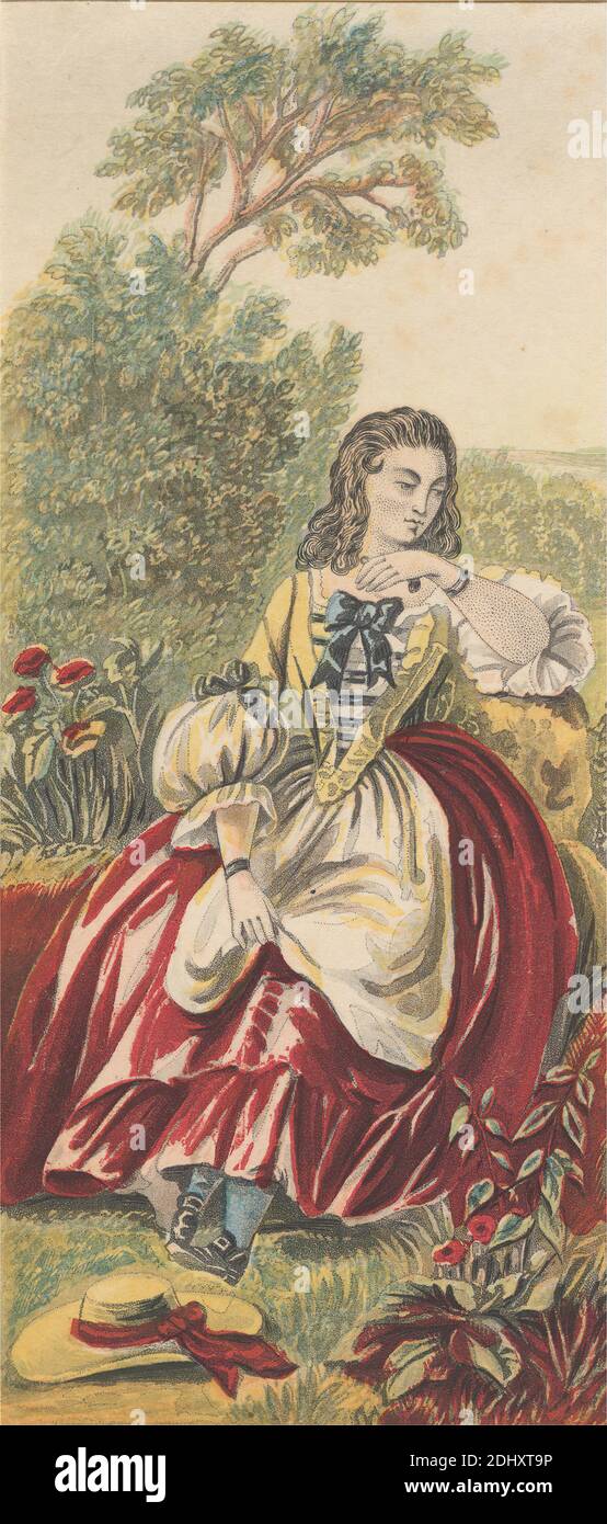 Here's Dada Coming. My Pretty Dada. Shoulder Arms. What Pretty Things., Print made by Bradshaw & Blacklock, active ca.1850, British, after 1850, Aquatint, stipple engraving, etching and color woodcut on moderately thick, smooth, cream wove paper, Image: 5 9/16 x 2 3/8 inches (14.1 x 6 cm), apron, bodice, bracelet, buckles, bushes, cuffs, dress, genre subject, grass, hat, ribbon, roses, seated, sitting, sunbonnet, thoughtful, trees, vines, woman Stock Photo