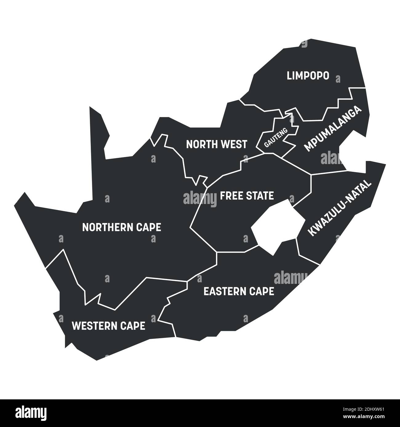 Gray political map of South Africa, RSA. Administrative divisions - provinces. Simple flat vector map with labels. Stock Vector