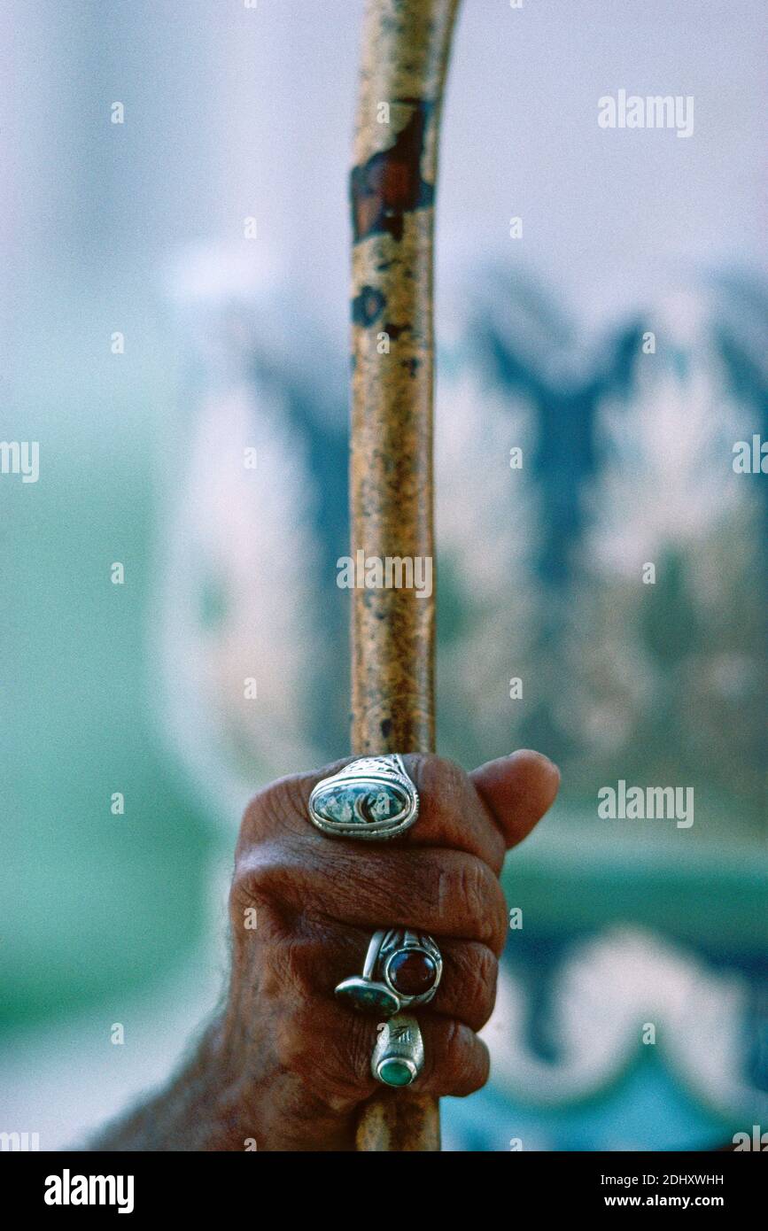 A devotee's hand is pictured decorated with rings at the shrine of ...