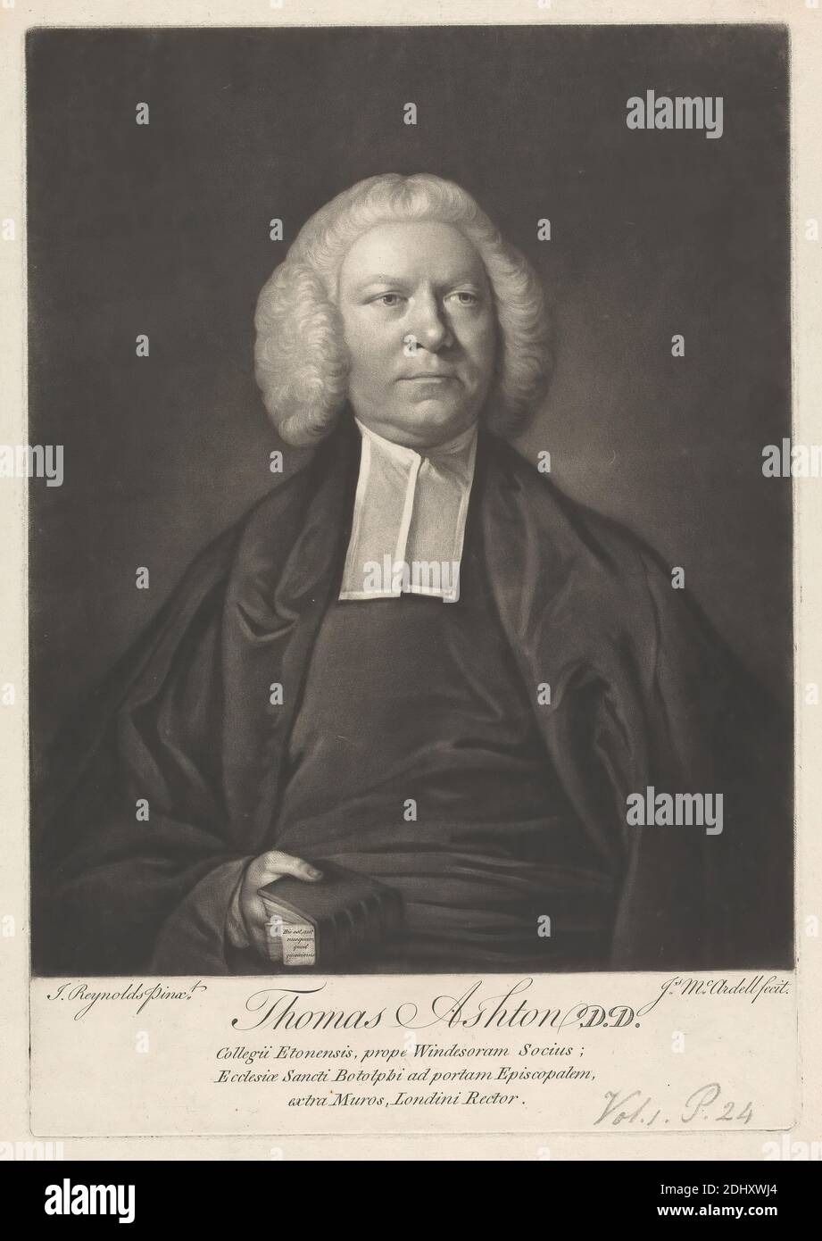 Thomas Ashton D.D., James McArdell, ca. 1729–1765, Irish, after Sir Joshua Reynolds RA, 1723–1792, British, 1756, Mezzotint on moderately thick, moderately textured, cream, laid paper, Sheet: 14 3/4 × 10 1/4 inches (37.5 × 26 cm), Plate: 13 × 9 inches (33 × 22.9 cm), and Image: 11 1/16 × 8 15/16 inches (28.1 × 22.7 cm), book, cloak, man, man, portrait, preacher, religious and mythological subject, wig Stock Photo