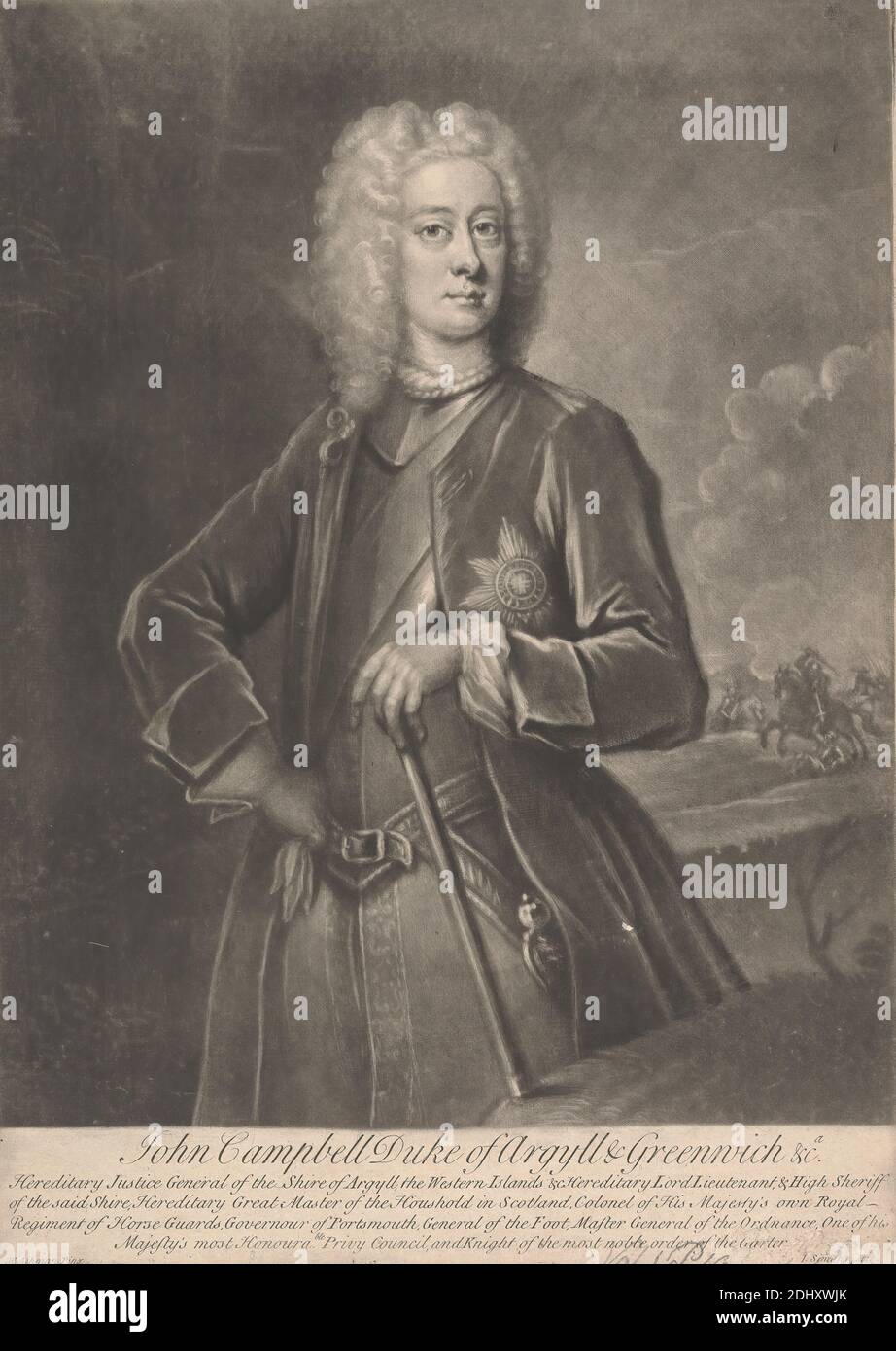 John Campbell, 2nd Duke of Argyll, 1st Duke of Greenwich, John Simon, 1675–1755, French, William Aikman, 1682–1731, British, 1700, Mezzotint on medium, slightly textured, blued white, laid paper, Sheet: 13 7/8 × 9 15/16 inches (35.2 × 25.2 cm) and Image: 12 5/16 × 9 13/16 inches (31.3 × 24.9 cm Stock Photo