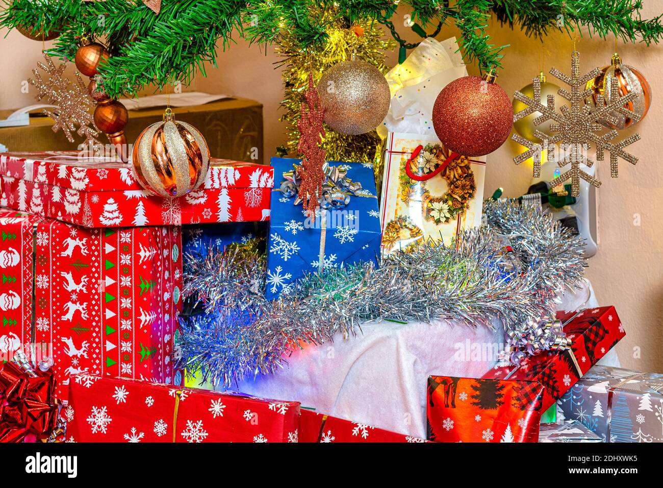 Christmas presents or gifts under the Christmas Tree Stock Photo