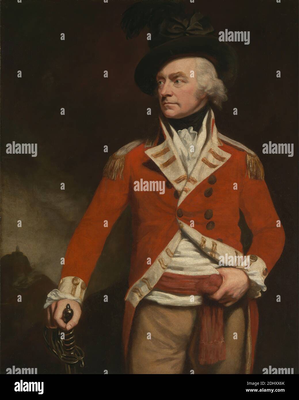 Colonel Donald MacLeod of St. Kilda, John Opie, 1761–1807, British, ca. 1796, Oil on canvas, Support (PTG): 50 1/8 x 48 1/4 inches (127.3 x 122.6 cm), colonel, costume, man, military art, officer (military officer), portrait, smoke, soldier, uniform Stock Photo