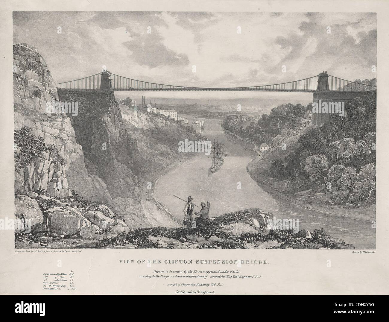 View of the Clifton Suspension Bridge, James Duffield Harding, 1798–1863, British, after unknown artist, (Brook Smith), Printed by Charles J. Hullmandel, 1789–1850, British, undated, Lithograph on moderately thick, slightly textured, beige wove paper with gray chine collé, Sheet: 15 9/16 x 21 3/16 inches (39.6 x 53.8 cm), Sheet: 14 1/16 x 18 3/4 inches (35.7 x 47.7 cm), and Image: 11 5/16 x 17 5/16 inches (28.8 x 44 cm), architectural design, architectural subject, beach, boat, bridge (built work), bucket, buildings, city, cliffs, landscape, men, pail, paths, river, rocks (landforms), sailboat Stock Photo