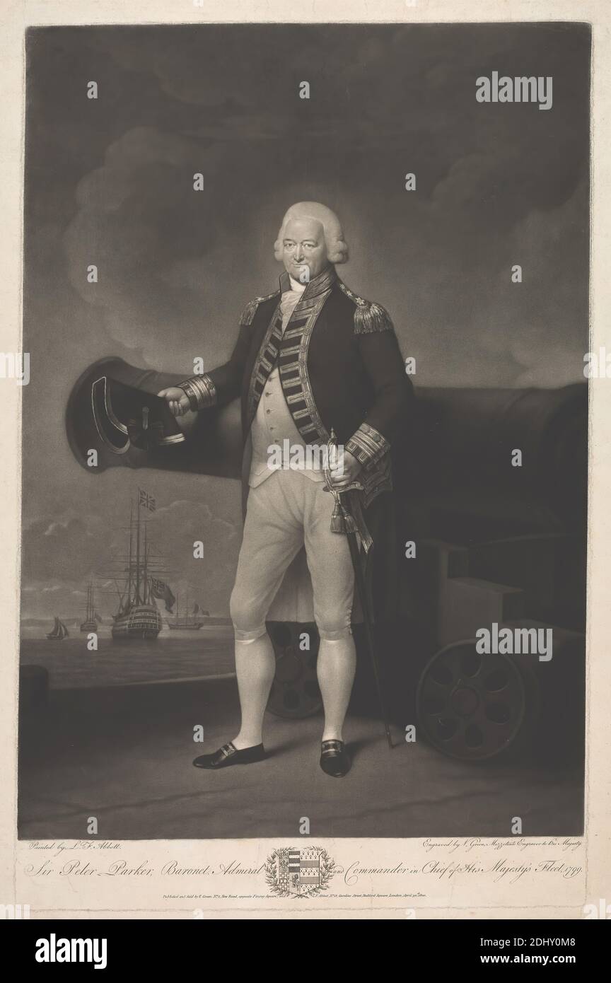 Sir Peter Parker, Baronet, Admiral and Commander-in-Chief of His Majesty's Fleet 1799, Pub. and sold...April 30, 1800, Valentine Green, 1739–1813, British, after Lemuel Francis Abbott, ca. 1760–1802, British, 1800, Mezzotint, Sheet: 24 1/4 x 16in. (61.6 x 40.6cm Stock Photo
