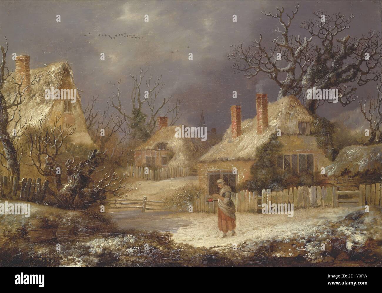 A Winter Landscape, George Smith, 1714–1776, British, ca. 1770, Oil on canvas, Support (PTG): 11 7/8 x 16 3/4 inches (30.2 x 42.5 cm), birds, chimneys, costume, cottages, fence, houses, landscape, path, peasant, snow, village, winter, woman Stock Photo