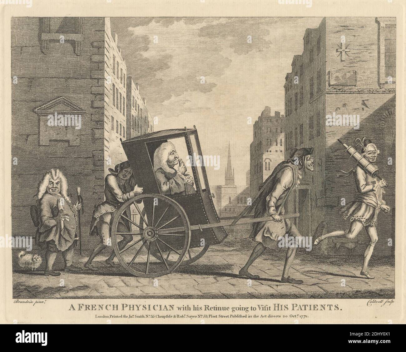 A French Physician with His Retinue Going to Visit His Patients, Print made by James Caldwall, 1739–1819, British, after Michel Vincent Brandoin, 1733–1807, Swiss, Published by Robert Sayer, 1725–1794, British, and John Smith of Cheapside, active ca. 1750–1789, British, 1771, Line engraving and etching on moderately thick, moderately textured, beige laid paper, Sheet: 11 1/16 x 13 3/4 inches (28.1 x 35 cm), Plate: 7 7/8 x 9 13/16 inches (20 x 25 cm), and Image: 7 1/16 x 9 1/2 inches (17.9 x 24.1 cm), architectural subject, architecture, assistants, bottle, breeches (trousers), buildings, canes Stock Photo