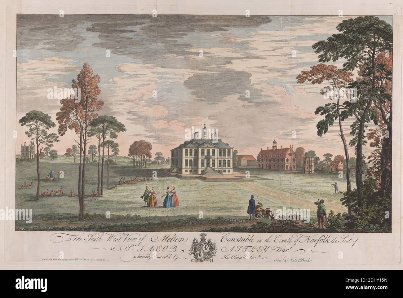 The South West View of Melton Constable in the County of Norfolk, Seat of Sir Jacob Astley, Samuel Buck, 1696–1779, British, And Nathaniel Buck, active 1727–1753, c. 1741, Colored engraving, Sheet: 15 x 23 1/4in. (38.1 x 59.1cm Stock Photo