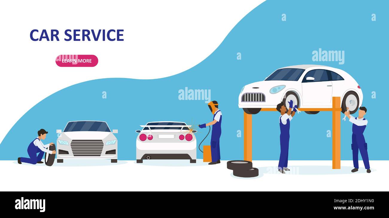 Vector of a car service and repair garage with professional team