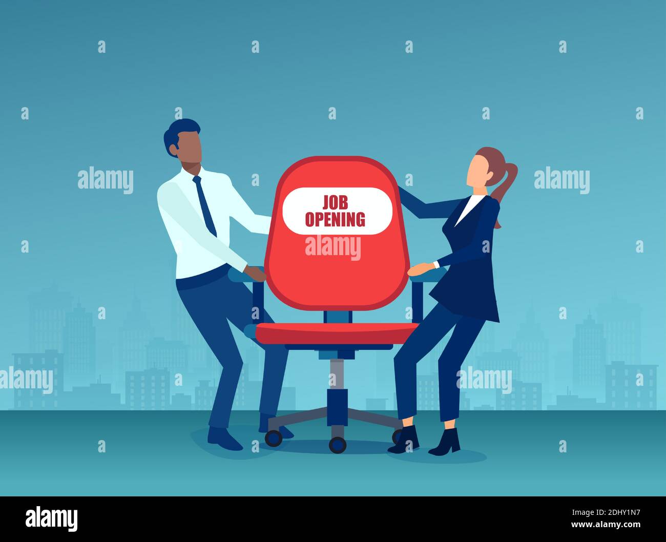 Vector of a man and a woman fighting for a job opening on a city background Stock Vector