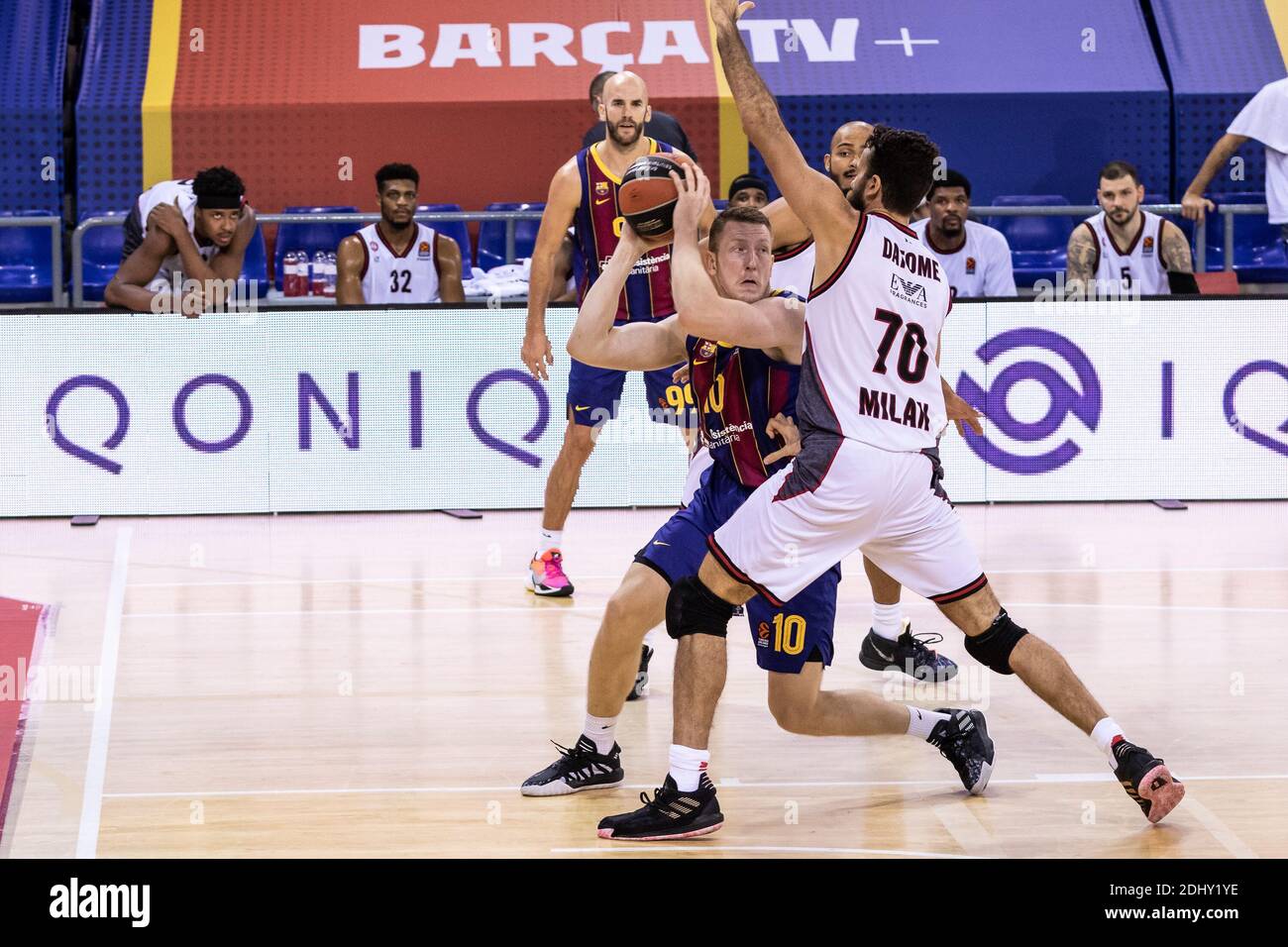 Rolands Smits of Fc Barcelona fights with Michael Roll of AX Armani Exchange Milan during the Turkish Airlines EuroLeague basketball match between Fc Barcelona and AX Armani Exchange Milan on December 11, 2020 at Palau Blaugrana in Barcelona, Spain - Photo Javier Borrego / Spain DPPI / DPPI / LM Stock Photo